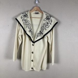 𝅺divaresse Cardigan Sweater Cream Black Wool Blend Vintage 80s Size Medium